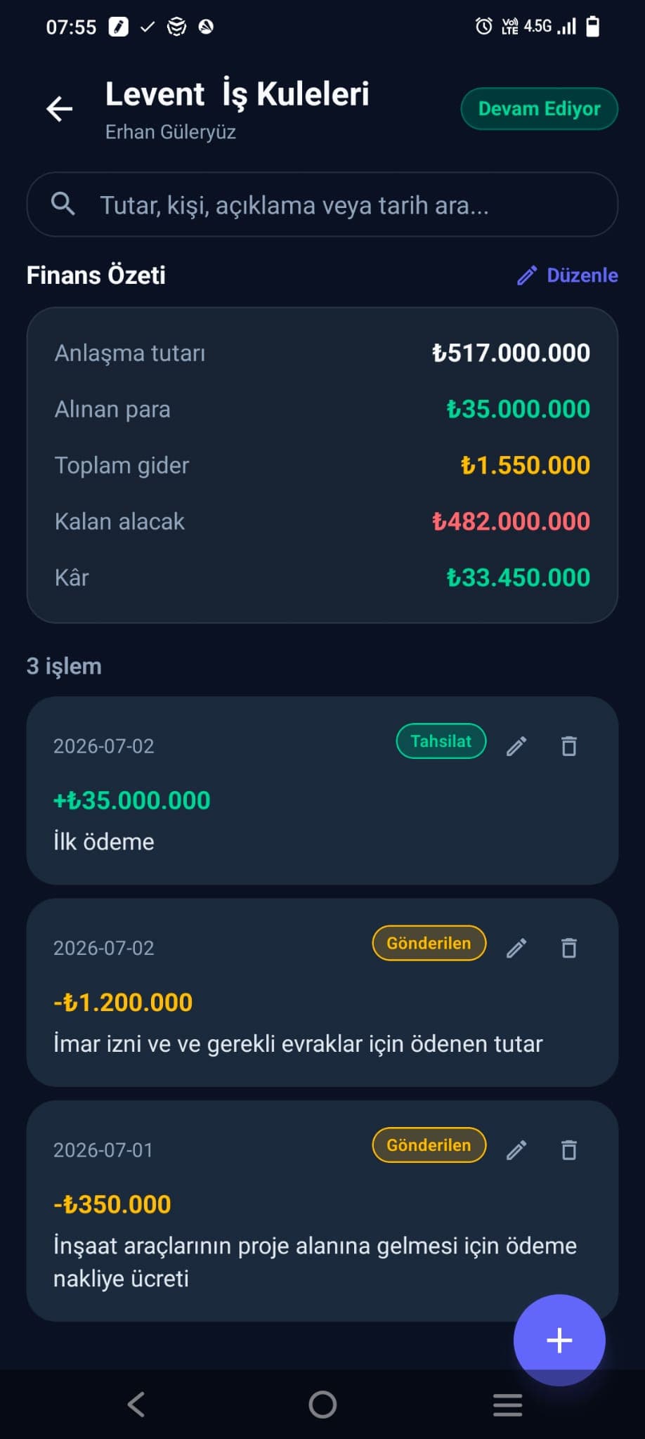 Planova gider ve harcama detay ekranı