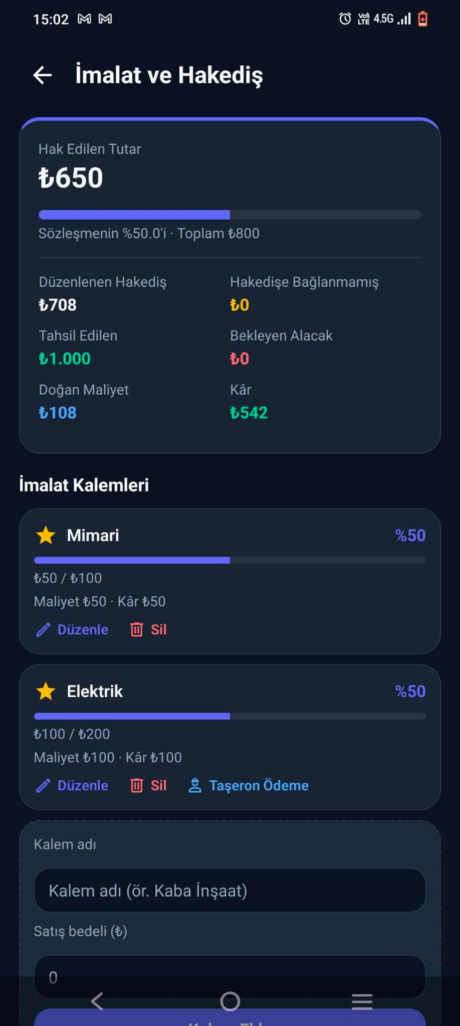 Planova imalat ilerleme ekranı