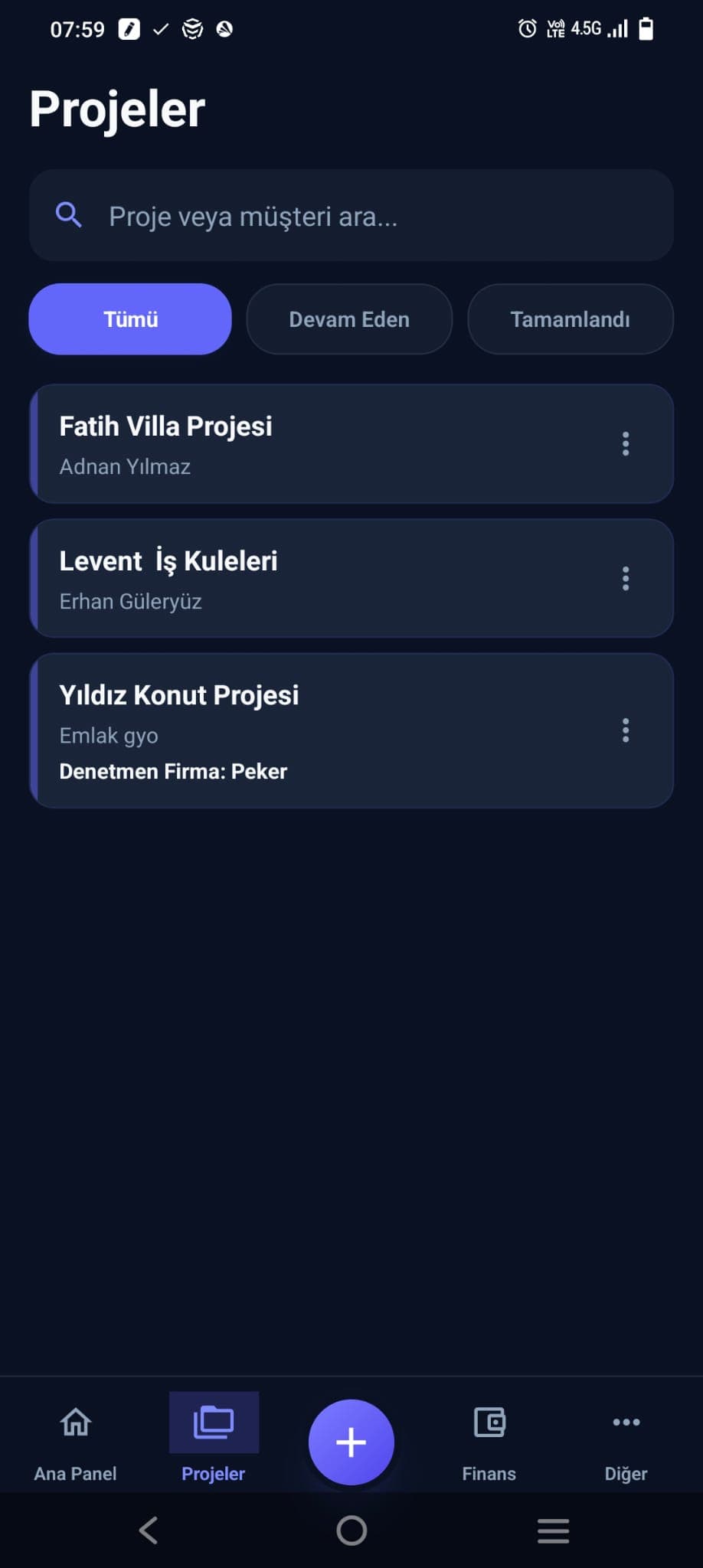 Planova proje listesi ekranı
